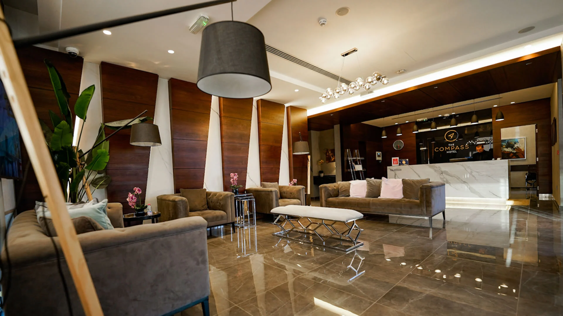 Hotel lobby with lounge seating