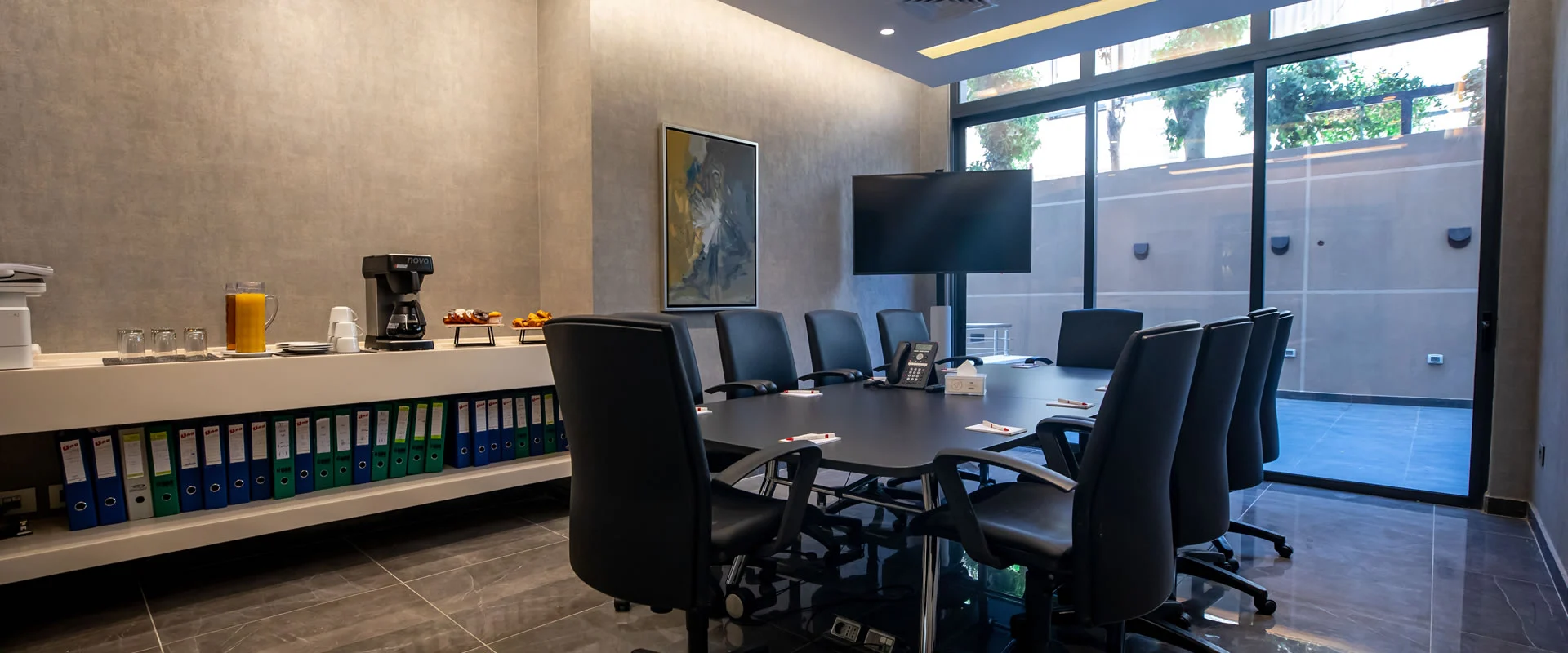 Meeting room set for a business meeting